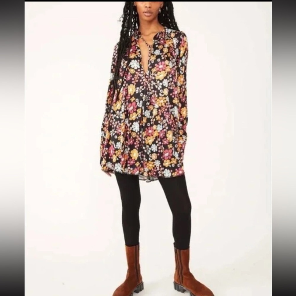 Free People Daisy Jane Long-Sleeve Mini Dress Black Multi Sz M Boho V Neck